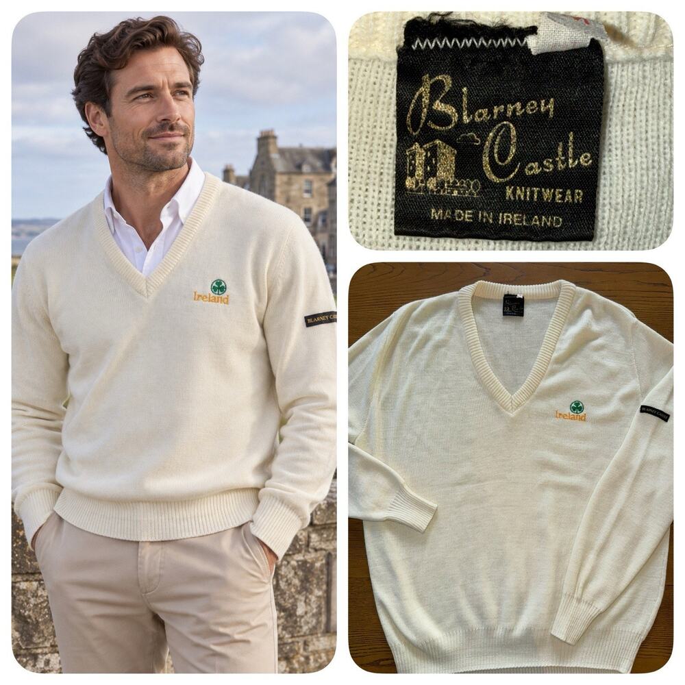 Vintage Blarney Castle Ireland Sweater M Ivory V Neck Shamrock Embroidered Golf